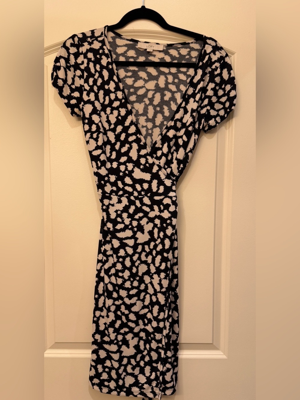 LOFT Black and White Abstract Midi Wrap Dress